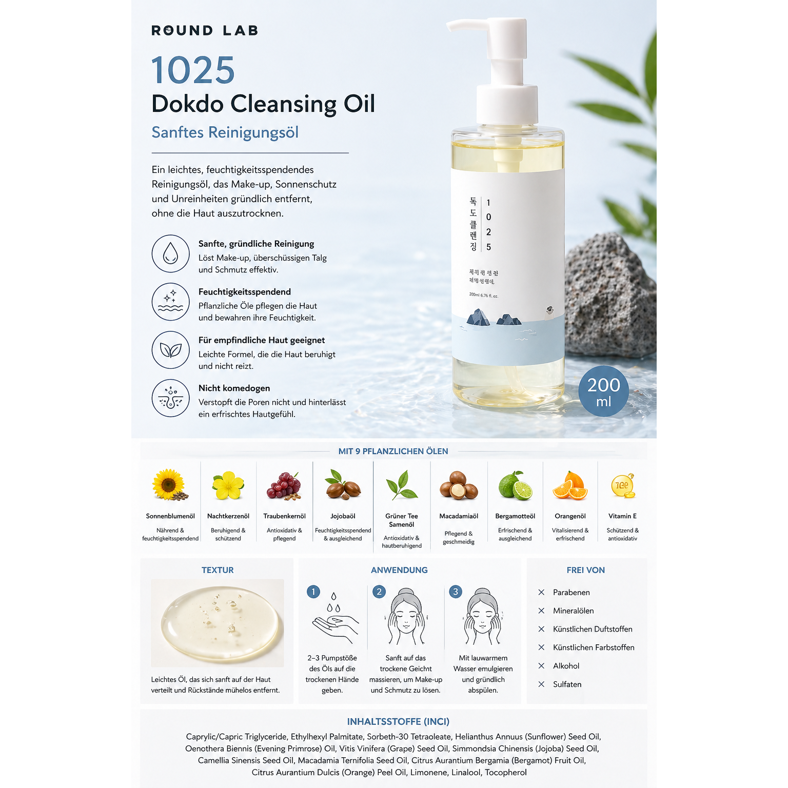 ROUND LAB 1025 Dokdo Cleansing Oil – Sanftes Reinigungsöl, 200 ml - alta-beauty.com